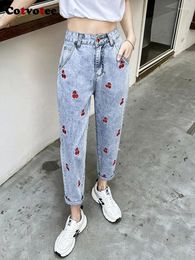 Women's Jeans Yitimoky Cherry Embroidery Harem Pants For Girl Cute High Waist Women Pencil Streetwear Casual Denim Trousers Korean