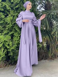 Ethnic Clothing Dubai Saudi Satin Evening Party Gown Hijab Turkish Turtle Neck Pleated Balloon Sleeve With Ribbon Belted Dress Scarf Eid