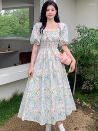 Party Dresses Onalippa Elastic Chest High Waist Floral Dress Puff Short Sleeves A Line Big Hem Midi French Style Gentle Wind Vestidos
