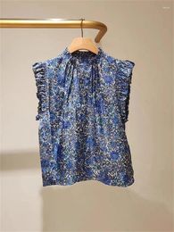 Work Dresses Spring Summer 2024 Women Vintage Blue Printed Blouse Ladies Flying Sleeve Stand Collar Lace Up Shirt