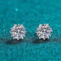 Stud KnoBSPIN Mosonite Earrings 1CT 2CT White Gold Plated Pure Silver D VVS1 Laboratory Diamond Snowflake Q240507