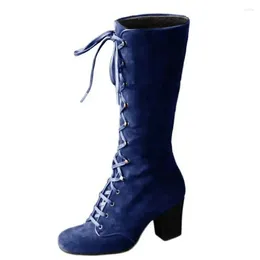 Boots Mediaeval Women's Casual Riding Winter Lace Up Suede Long Tube Knight Boot Female High Heel Cowboy Shoes Mid-Calf Sexy