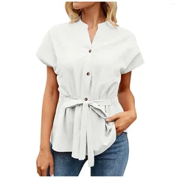 Women's Blouses V Neck Tie Waist White Shirts Short Sleeve Button Irregular Solid Colour Tees Shirt For Women Elegant Summer Office Lady