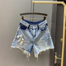 Women's Jeans 2024 Heavy Embroidery Sequins Denim Wide Leg Shorts Women's Summer Ripped Burr Contrast Colour A- Line Pants Streetwear