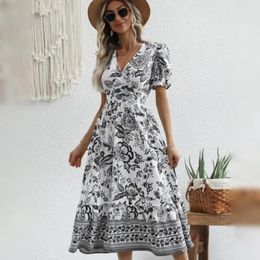 Casual Dresses Women Midi Dress V Neck Short Puff Sleeve Floral Print High Tight Waist A-line Big Swing Vacation Prom Party Summer