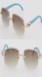 Selling Designer Moissanite Diamond Set Rimless Sunglasses Womans Blue Wood Men glasses Oval Shape Face Carved lens Big Stones Met8941637
