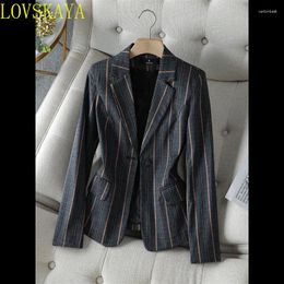 Women's Suits Women Jacket Black Grey Stripe Long Sleeve One Button Slim Coat Female Business Work Wear Blazer
