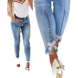 Women's Jeans High Waisted Woman Bowknot Beaded Elasticity Slim Fit Pencil Pants Fall Streetwear Lugentolo