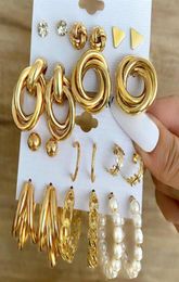 Hoop Huggie Trendy Pearl Earrings Set Geometric Gold Metal For Women Vintage Dangle Brincos Party JewelryHoop313h4902636