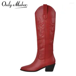 Boots Onlymaker Women Pointed Toe Red Knee High Western Cowboy Wide Calf Embroidered Block Heel Pull-On Cowgirl Booties