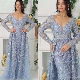 Evening With Blue Dresses Detachable Light Mermaid Train V Neck Appliques Party Dress Prom Celebrity Long Sleeve Formal Gowns Custom Made