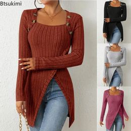 Women's T Shirts 2024 Fashion Tops Knitted Ribbed Buttons U-neck Long Sleeves High Side Slit Straight Pullover Versatile Casual T-Shirt