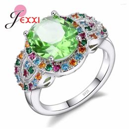 Cluster Rings High-End Zircon Rainbow Crystal Jewellery Women Fashion Round Wedding Ring 925 Sterling Silver Needle Bijoux