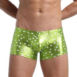 Underpants Fashion Men Stars Printed Boxer Shorts Underwar Male Penis Pouch Faux Leather Boxers Soft Trunks Bulge