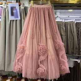 Skirts 2024 Arrival Women Skirt Korean Elegant Flower Tulle Vintage Sweet Pleated Fashion Clothing