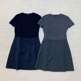 Party Dresses Navy Blue Grey O Neck Short Sleeve Knit Sweater Patchwork Slim Mini Dress Invisible Side Zipper Closure 2024