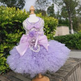 Dog Apparel High-end Luxury Purple Pet Clothes Fashion Spring Summer Handmade Pearl Bow Lace Princess Dress For Small Medium Poodle