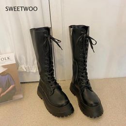Boots Chunky Platform Pu Leather Knee High Women Punk Increasing Long Woman Lace Up Booties 2024 Zip