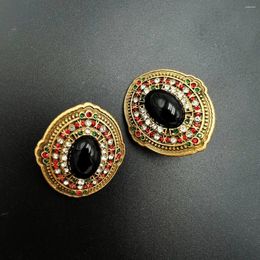 Stud Earrings Medieval Inlaid Glass Color Contrast Elegant Retro Oval