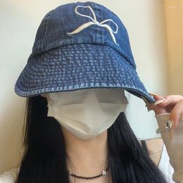 Berets Women Korean Bow Denim Bucket Hats Wide Brim Embroidery Sunscreen Equestrian Caps Casual Outdoor Tour Sports Visor Panama