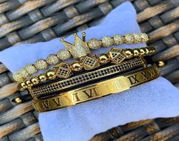 4PcsSet Classical Handmade Braiding Bracelet Gold Men Pave CZ Zircon Crown Roman Numeral Stainless Steel Bracelet Luxury1099809