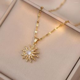 Pendant Necklaces Rotating Flower Stainless Steel Chains For Women Antique Gold Color White Zircon Sun Clavicle Necklace Jewelry