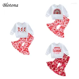 Clothing Sets Blotona Kid Girls Valentine's Day Set Long Sleeve Crew Neck Sweatshirt Elastic Waist Heart/Flower Print Flared Pants 6M-4Y