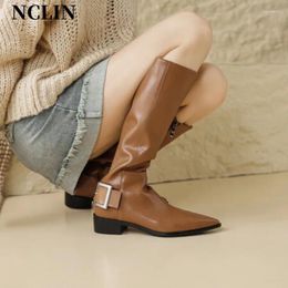 Boots 2024 Autumn/Spring Genuine Leather Women Shoes Pointed Toe Chunky Heel For Knee-High Zapatos De Mujer