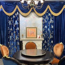 Curtain 2024 Royal Shade Living Room Bedroom Villa Blue Velvet Bird Embroidery Thick Gauze
