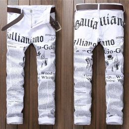 Men's Jeans Hole Casual New Style Denim Jeans Long White Trousers Mens Straight Fashion Design Newspaper Printing Pants Plus Size J240507