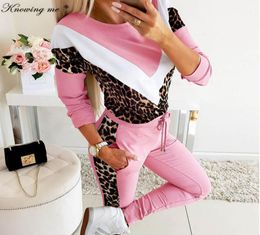 Women 2020 Spring Leopard patchwork Suit Tracksuit set Lady Autumn casual Drawstring Twopiece Jogging Sweatshirt set Female T206280776