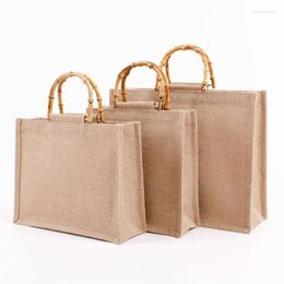 Shopping Bags Portable Burlap Jute Bag Handbag Bamboo Loop Handles Tote 20CA