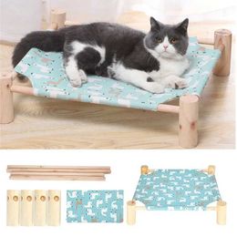 Cat Beds Furniture Elevated Wooden Frame Cat Bed Furniture Breathable Canvas Pet Cat Bedding Hammock for Rabbit Cats Dogs Puppy House Supplies d240508