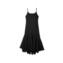 Casual Dresses Elegant Women's Black Dress Spaghetti Strap Slim O-Neck Ankle Length Vestido Patchwork Irregular Mesh Hem Robe 2024 Summer