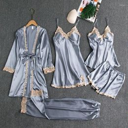 Sleepwear Womens Silk Pyjamas With Chest Pads Spring Autumn And Summer Five Piece Set Sexy Suspender Dress Long Sleeved Home Clothing