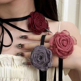 Choker Dark Gothic Long Dry Rose Necklace Handmade Burning Red Flowers Necklaces Wrist Ribbon Lolita Chokers Pendant Accessories