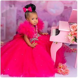 Christening dresses New Flower Girl Dress Baptist Crystal Bead Tulle Lace Wedding Used for First Birthday Party Q240507