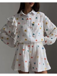 Cotton Linen Ruffle Shirt Shorts Two Piece Set for Women Summer Home Heart Pattern Long Sleeve Button Blouse Short Outfits 240429