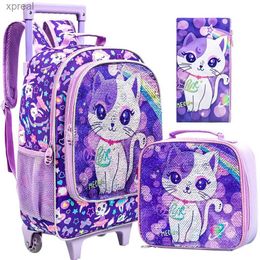 Backpacks 3 pieces of girls rolling backpack childrens rolling wheels backpack with lunch bag purple cat pattern design night light function WX
