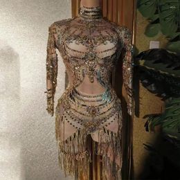 Casual Dresses Luxury Sequin Print Fringes Crystal Rhinestones Gold Jumpsuit Women Dancer Stage Evening Party Outfit Gogo Wear