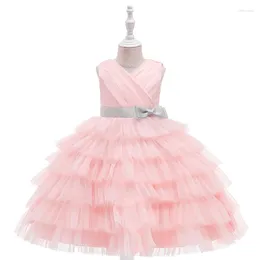 Girl Dresses 2024 European And American Children's Dress Fluffy Mesh V-neck Flower Girls Wedding Party Elegant Catwalk Performance