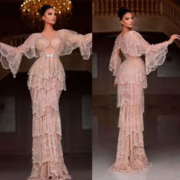 Light Pink Mermaid Prom V Neck Sequins Beads Appliques Hollow Long Sleeve High Waist Floor Length Sexy Elegant Applique Party Dress Sweep Train 0508