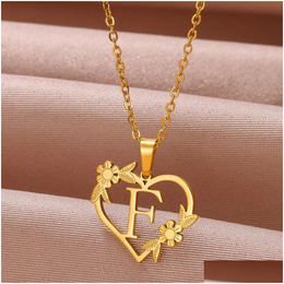 Chains Gold Colour Dainty Flower Initials Necklace Women Girl Stainless Steel Heart Letter Choker Best Gifts Alphabet Jewellery Drop Deli Otfay