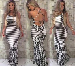 Women Summer Vintage Boho Striped Long Maxi Evening Party Beach Dress Backless Strap Sundress Women clothes3182825