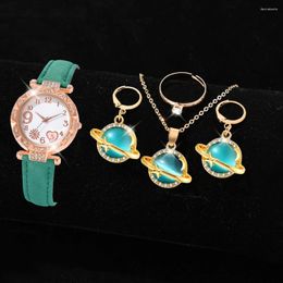 Wristwatches 5PCS/Set Green Women Quartz Wristwatch Leather Strap Watch Pink Heart Dial Jewellery Set Gift For Mom