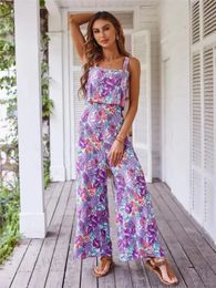 Fashion Elegant Long Jumpsuit Women Sexy Backless Wide Leg Jumpsuits Casual Sleeveless Floral Rompers Summer Clothes 240423