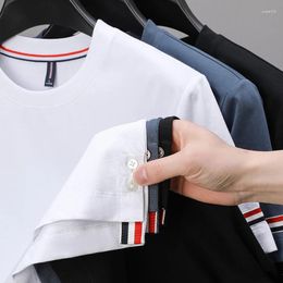 Men's T Shirts 100Cotton T-shirt 2024Summer O-Neck Ribbon Hem Split Half Sleeve British Street Fashion Exquisite Wear