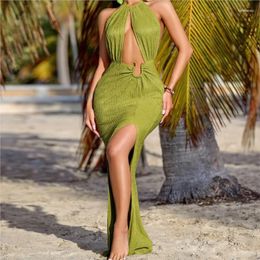 Swimsuit Cover Up Swim Wear Women Beach Outlet Long Shooting Solid Colour Sexy Halter Hollow Metal Buckle Dress Polyester Pareo