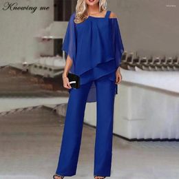 Women's Two Piece Pants Women Straight Tracksuit Sets Elegant Casual Off Shoulder Irregular Chiffon Blouse Solid Color Commuting Set Outfits