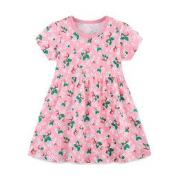 Girl's Dresses Jumping Meters Princess Baby Clothing Summer Flower Print Birthday Childrens Girl Dress Short sleeved Frog ClothingL240508